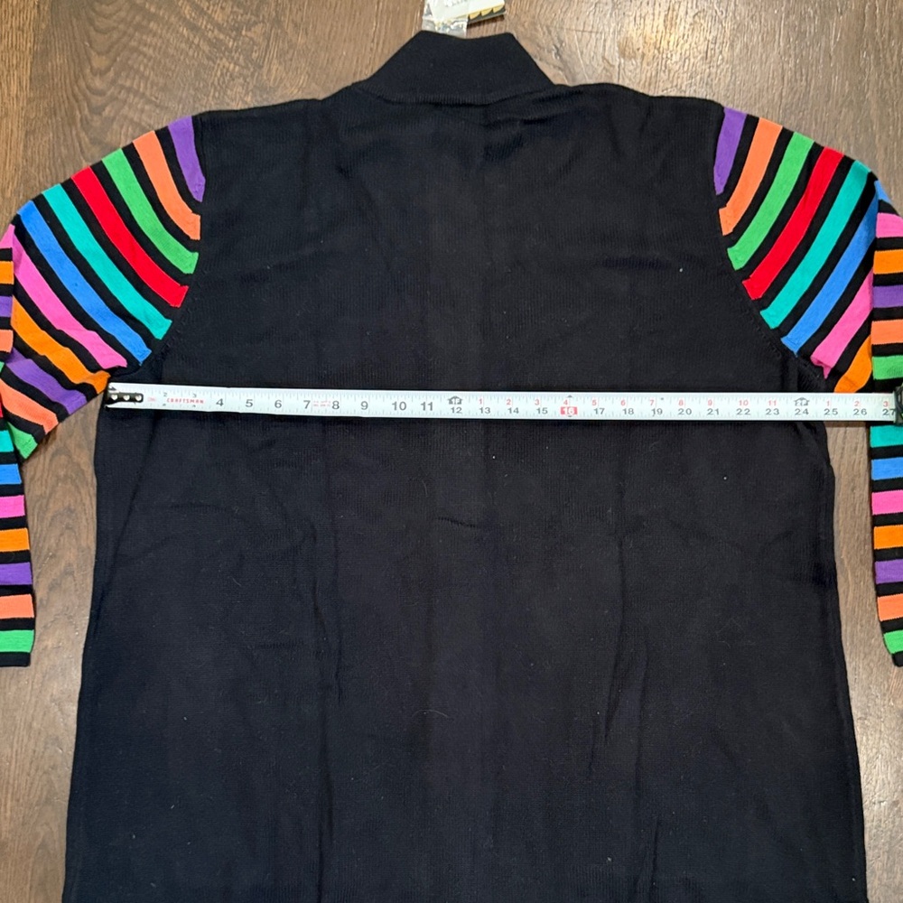 NWT Bob Mackie Black Duster Cardigan with Rainbow Sleeves and Colorful Buttons - Picture 6 of 8